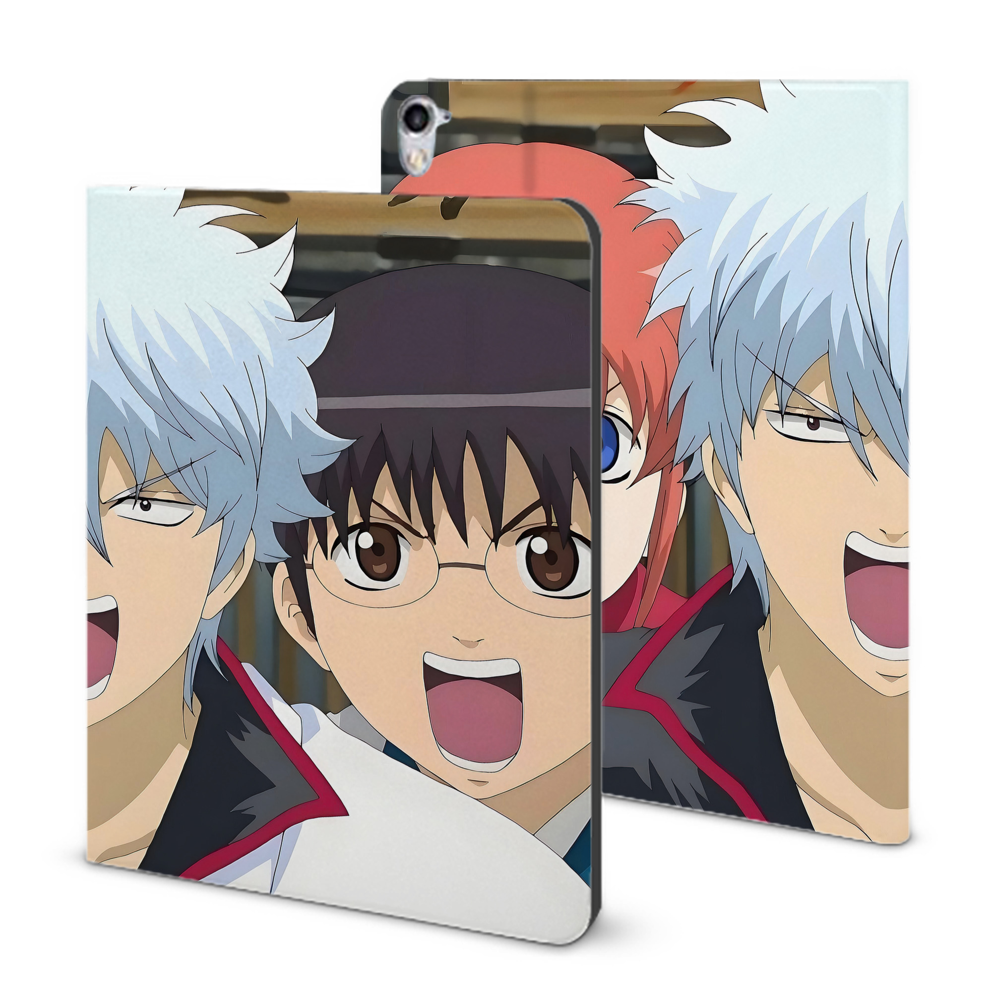 ぎんたま 坂田銀時（さかたぎんとき） 神楽 志村新八（しむら しんぱち） GINTAMA Sakata Gintoki Kagura Shimura Shinpachi IPad ケース ブック型 PUレザー TPU 耐衝撃 軽量 薄型 ペン収納なし 全面保護 IPad 各モデル対応